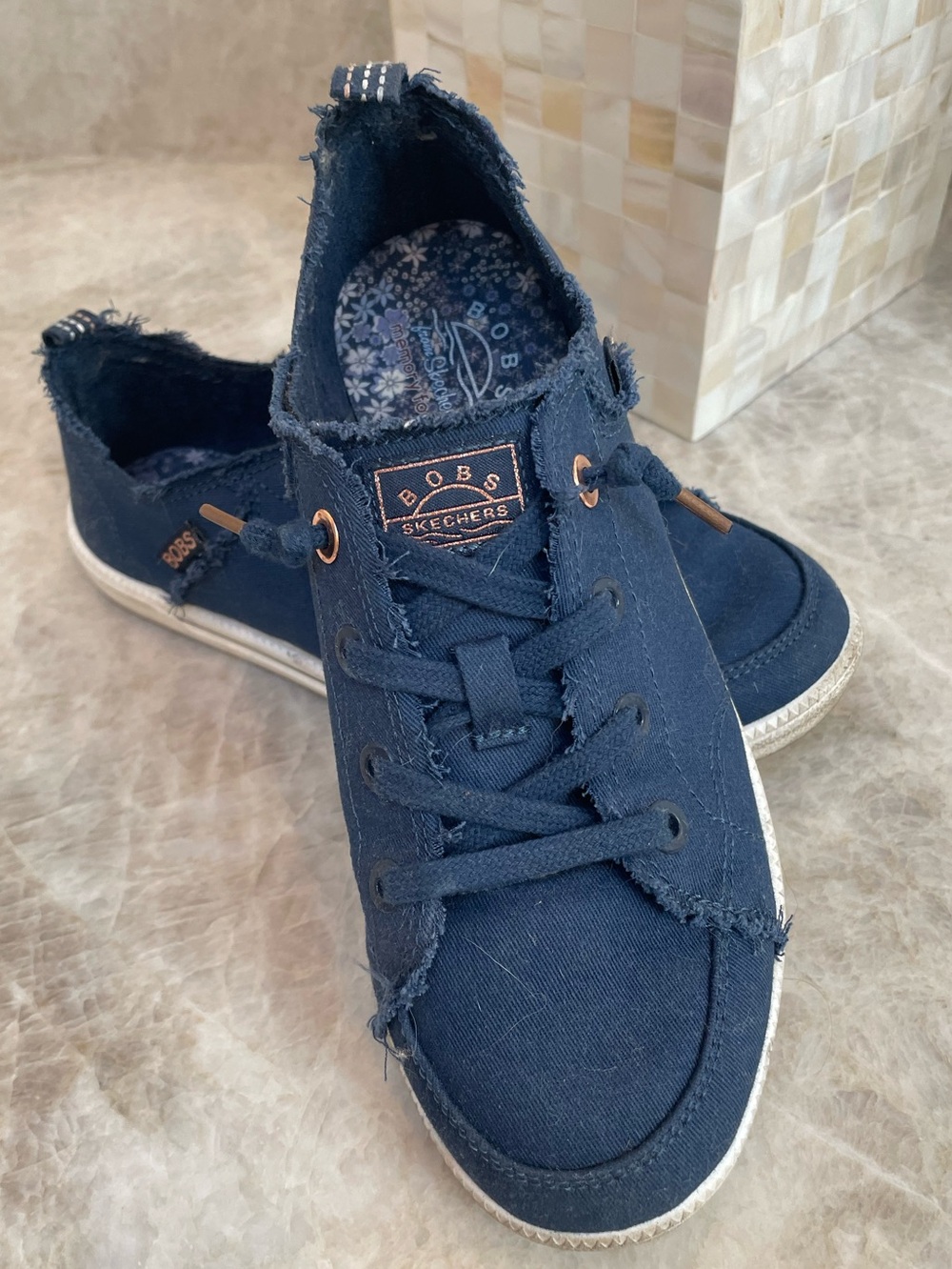 BOBS from Skechers Navy Canvas  Sneakers with Frayed Trim